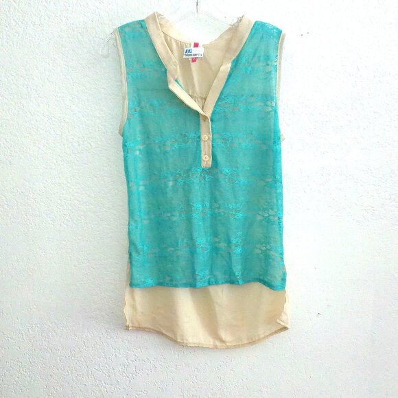 De Colores, Light blue/beige, high-low tank top, with lace front - Picture 3 of 7